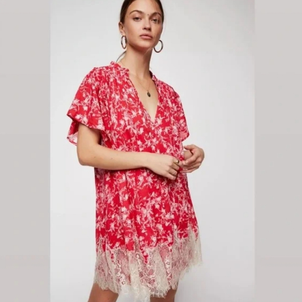 Free People Marigold Floral Lace Trim Tunic/Dress Red. Size: XS.